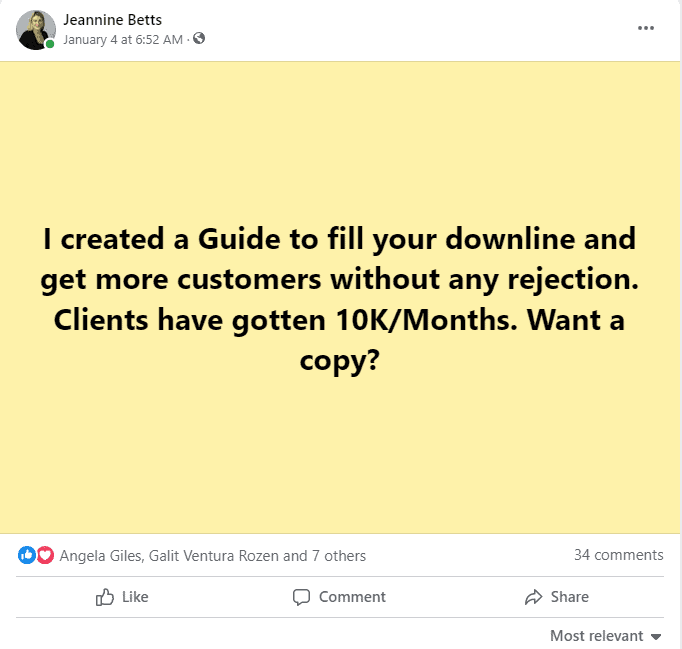 an example of a facebook post that go 34 comments for a free offer