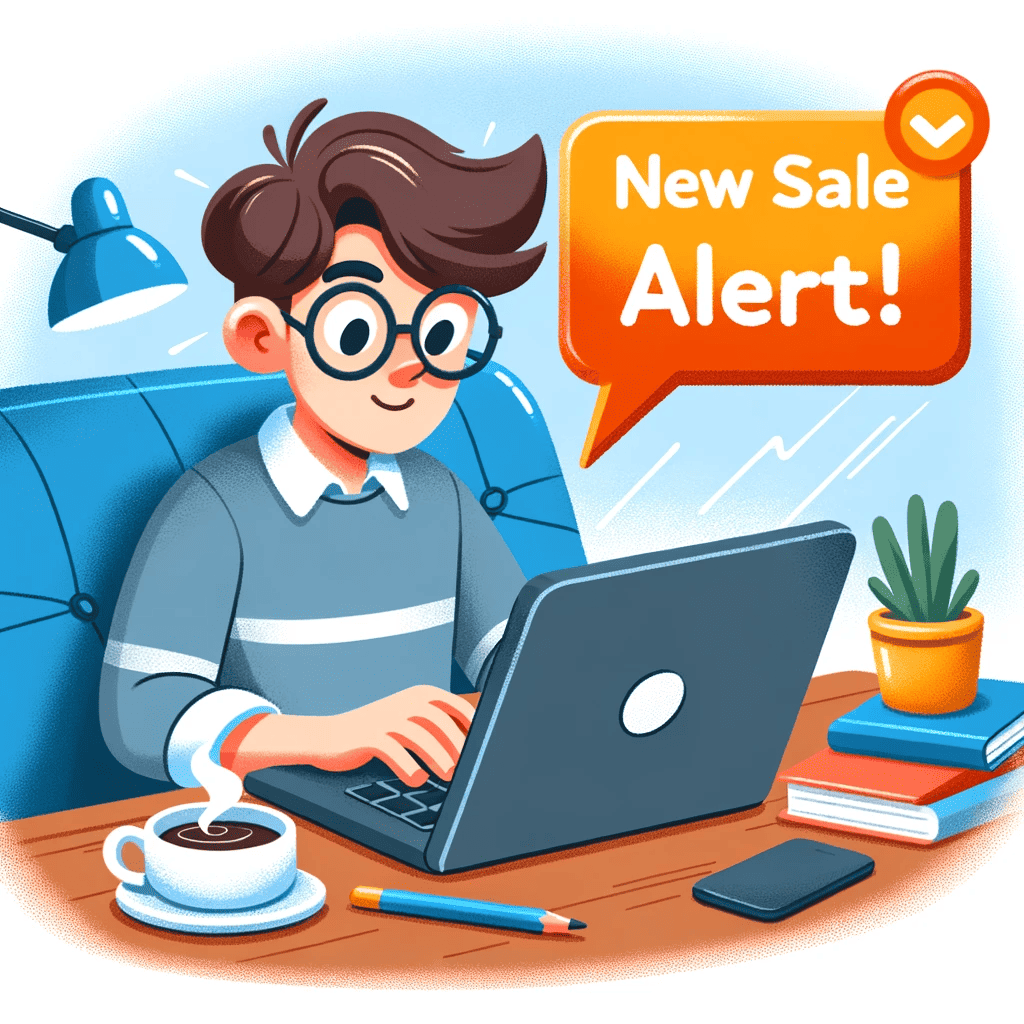 Cartoon depiction of a young entrepreneur of varied gender, deeply engrossed in typing on their laptop at a cozy workspace. Out of the blue, a vibrant email notification with the text 'New Sale Alert!' pops up, making them jump with excitement.