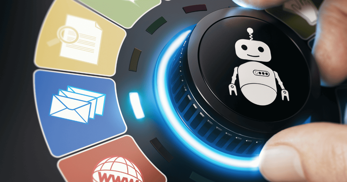 marketing automation for financial services. a dial with a robot in the center and a hand is adjusting the dial for different marketing purposes. some examples are email, a blog or seo.